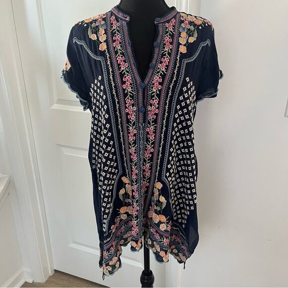 Johnny Was Moji Floral Embroidered Tunic Top Blue Sz S - Picture 3 of 9